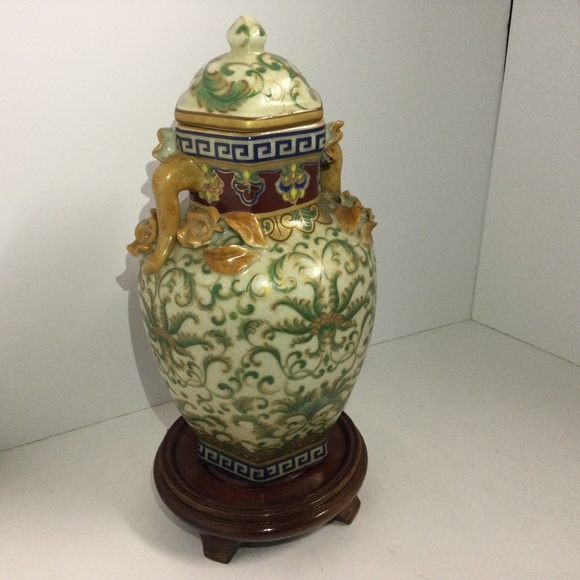 Asian Ornate Porcelain Lidded Ginger Jar with Stand